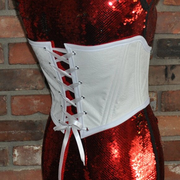 Back & Front Lace-up Corset (Belt) White Faux Leather Floral W/ Boning XS - Picture 3 of 7